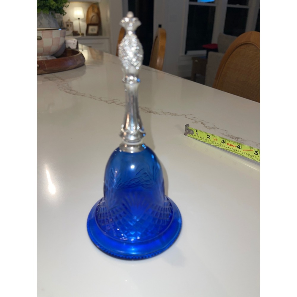 Vintage Cobalt Blue Glass Bell with Silver Pineapple Handle Embossed Pattern